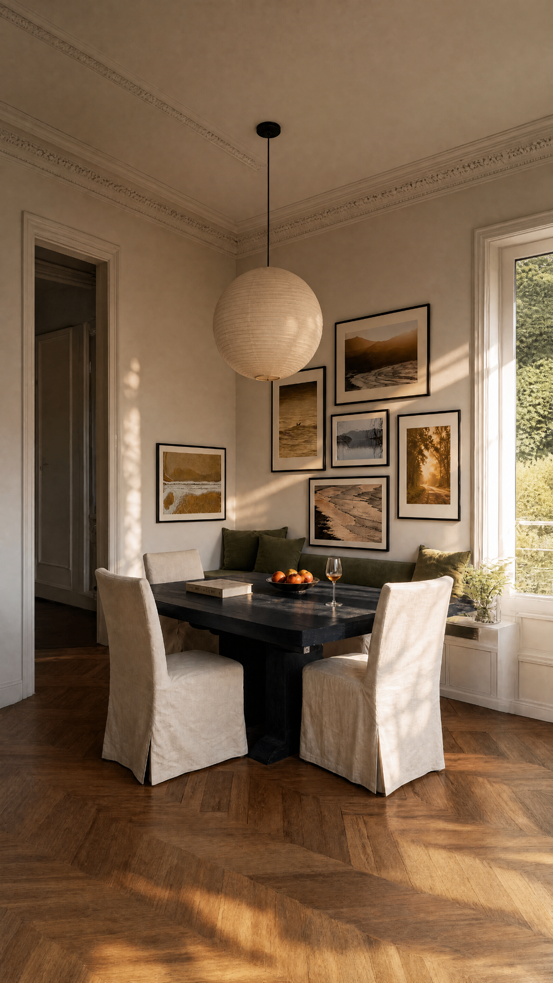 A collector's dining room hung salon-style with Rachel's prints