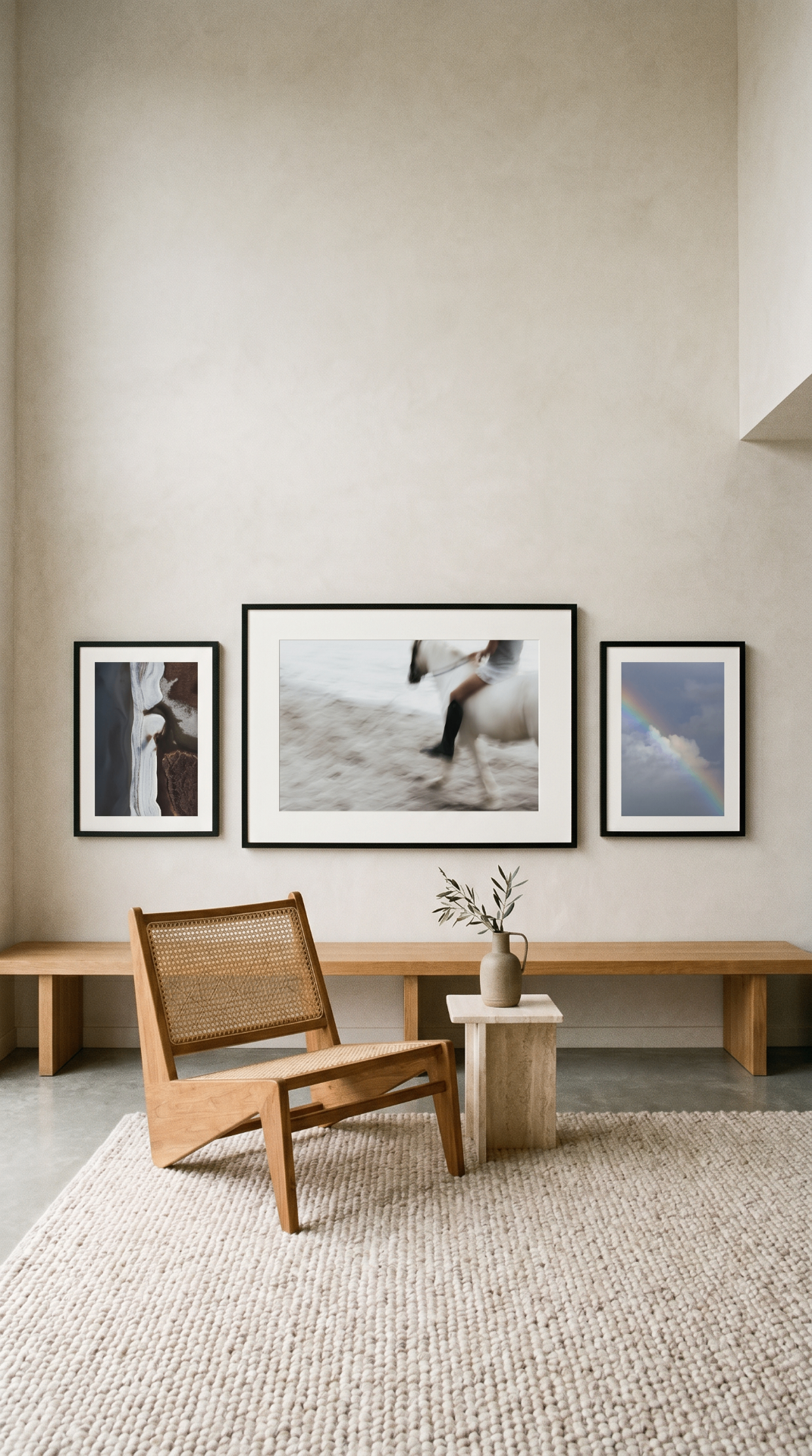 A quiet living room with a triptych of Rachel's photographs